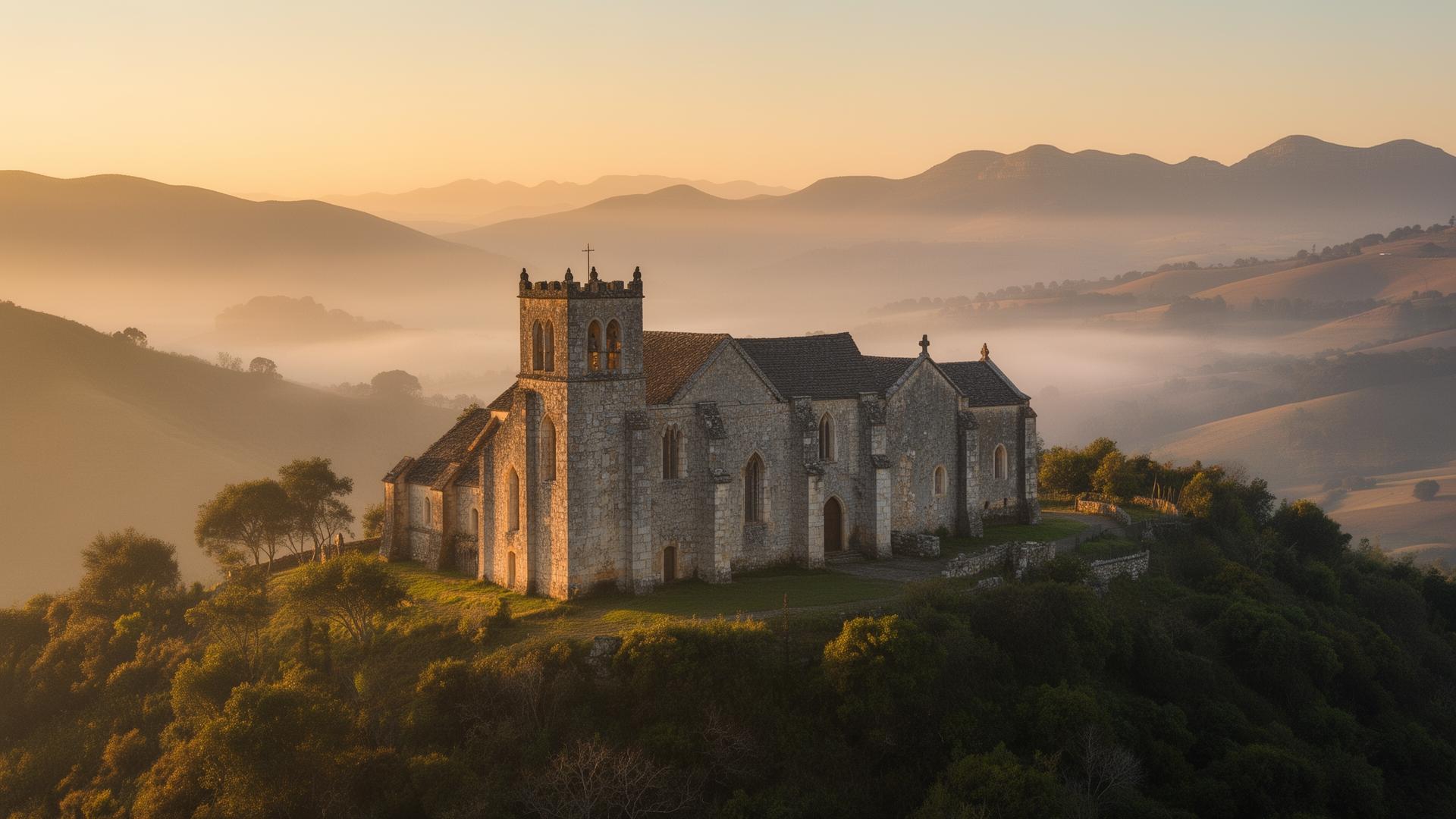 Stone convent on a hill at sunrise
